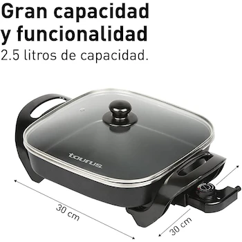Imagen 2 de TAURUS ODISEO | Sartén Eléctrico Negro | Rectangular | 2.5 Litros | 30 cm | Altura 16 cm | Tapa de Vidrio Refractario | Recetario Incluido