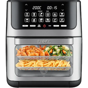 Imagen 1 de Hukën x MasterChef Horno + Freidora de Aire BAKE N’ FRY 12 L con Panel Touch Doble Pantalla LED, Puerta Desmontable, Ventana con Luz, 5 Accesorios y Recetario