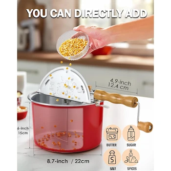 Imagen 3 de Cook N Home Modelo 02699 Popcorn Popper con Manivela, Capacidad 6 Cuartos de Galón, Aluminio, Color Rojo