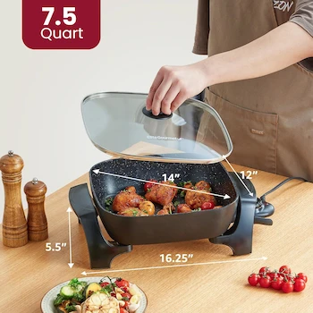 Imagen 3 de Elite Gourmet EG6201 Sartén Eléctrica Extra Profunda con Tapa de Vidrio Ventilada, Color Negro, 30.5 x 30.5 x 8.1 cm, 7.5 Qt