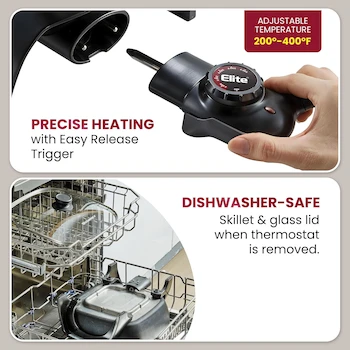 Imagen 4 de Elite Gourmet EG6201 Sartén Eléctrica Extra Profunda con Tapa de Vidrio Ventilada, Color Negro, 30.5 x 30.5 x 8.1 cm, 7.5 Qt