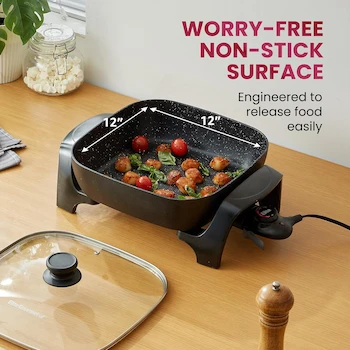 Imagen 5 de Elite Gourmet EG6201 Sartén Eléctrica Extra Profunda con Tapa de Vidrio Ventilada, Color Negro, 30.5 x 30.5 x 8.1 cm, 7.5 Qt