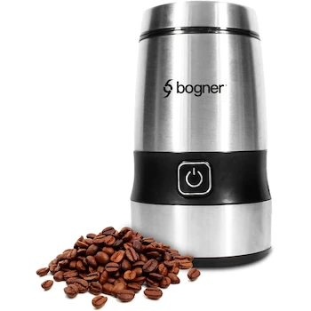 Imagen alusiva al producto Bogner Molino Eléctrico para Café de Grano, Frutos Secos y Cualquier Tipo de Especias con Mecanismo de Trituración en Acero Inoxidable, Modelo BCG01, Color Plata, Capacidad 85 Gramos, Dimensiones 11,43 x 11,94 x 20,78 cm
