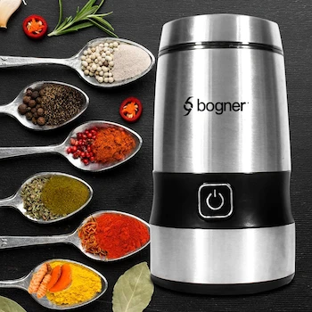 Imagen 2 de Bogner Molino Eléctrico para Café de Grano, Frutos Secos y Cualquier Tipo de Especias con Mecanismo de Trituración en Acero Inoxidable, Modelo BCG01, Color Plata, Capacidad 85 Gramos, Dimensiones 11,43 x 11,94 x 20,78 cm