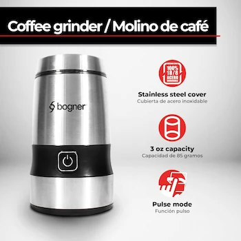 Imagen 3 de Bogner Molino Eléctrico para Café de Grano, Frutos Secos y Cualquier Tipo de Especias con Mecanismo de Trituración en Acero Inoxidable, Modelo BCG01, Color Plata, Capacidad 85 Gramos, Dimensiones 11,43 x 11,94 x 20,78 cm