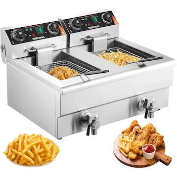 Imagen alusiva al producto VEVOR Freidora Eléctrica Comercial 2 Tanques 12 L Cada Uno Freidora Aceite de Acero Inoxidable con 2 Cestas para Freír Tapas, Color Plata, Modelo Commercial Electric Deep Fryer, Capacidad Total 24 L, Dimensiones 52.07 x 56.9 x 35.56 cm