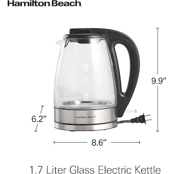 Imagen 2 de Hamilton Beach Hervidor Eléctrico de 1.7 L, Caldera de Agua y Calentador, Vidrio Transparente, Modelo 40864, Servicio Inalámbrico