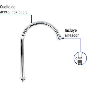 Imagen 3 de Foset Basic CR-321, Cuello de Repuesto para Mezcladora de Fregadero, Color Cromo, Acero Inoxidable, Dimensiones 25.53 x 32.2 x 12.7 cm, Peso 270 g