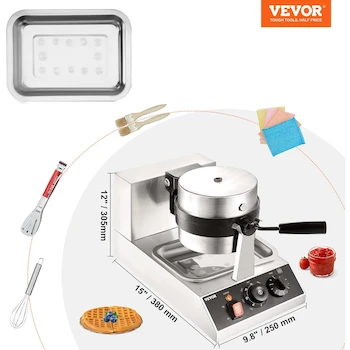 Imagen 3 de VEVOR Máquina para Gofres Comercial Redonda 1300W Giratoria Antiadherente con Plancha Recubierta de Teflón Cuerpo de Acero Inoxidable 120V