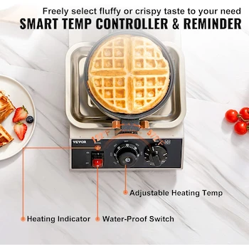 Imagen 5 de VEVOR Máquina para Gofres Comercial Redonda 1300W Giratoria Antiadherente con Plancha Recubierta de Teflón Cuerpo de Acero Inoxidable 120V