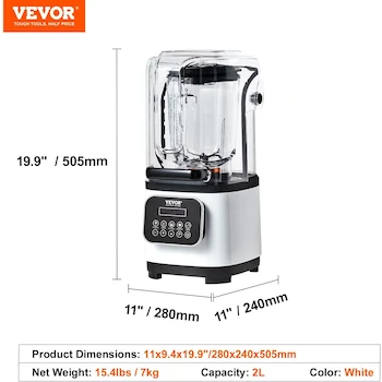 Imagen 2 de VEVOR Licuadora Profesional con Escudo, Encimera Comercial, Combo Tarros 68 onzas, Acero Inoxidable, 9 Velocidades y 5 Funciones, Color Blanco