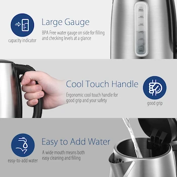 Imagen 5 de COMFEE' Hervidor Eléctrico de Acero Inoxidable, Hervidor Eléctrico y de Agua Caliente de 1,7 Litros, Inalámbrico, Modelo CKE06L1EBASK, Color Acero Inoxidable