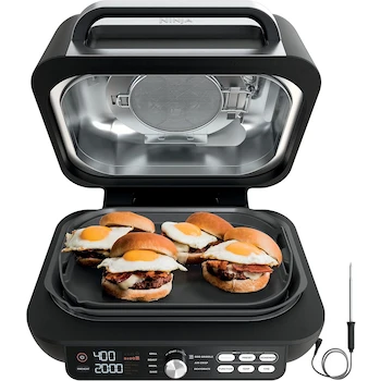 Imagen de referencia para Ninja - Combinación de parrilla y plancha Foodi Smart XL Pro IG651 para interiores, negro, con parrilla de 9 x 12 pulgadas, plancha plana de 12 pulgadas, canasta de 4 qt, dimensiones 15.7 x 17.4 x 11.63 pulgadas
