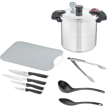 Imagen alusiva al producto T-fal Combo Gourmet Essential, Set con Olla a Presión de Aluminio 22L, Tabla para Picar, Set 4 Cuchillos, Pinzas de Cocina, Cucharón y Cuchara, P3105231M