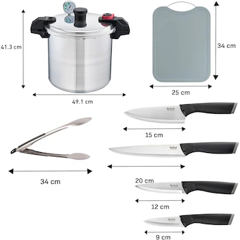 Imagen 3 de T-fal Combo Gourmet Essential, Set con Olla a Presión de Aluminio 22L, Tabla para Picar, Set 4 Cuchillos, Pinzas de Cocina, Cucharón y Cuchara, P3105231M