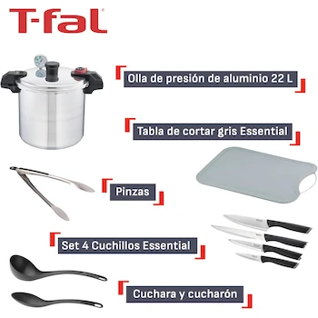 Imagen 4 de T-fal Combo Gourmet Essential, Set con Olla a Presión de Aluminio 22L, Tabla para Picar, Set 4 Cuchillos, Pinzas de Cocina, Cucharón y Cuchara, P3105231M