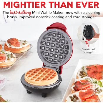 Imagen 2 de DASH Deluxe Mini Máquina Waflera Roja Manzana con Cepillo Incluido | Waffles Individuales 10 cm / 4 Pulgadas | Compacta Portátil