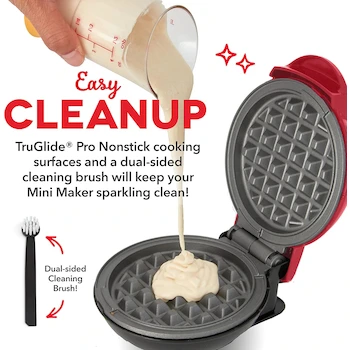 Imagen 3 de DASH Deluxe Mini Máquina Waflera Roja Manzana con Cepillo Incluido | Waffles Individuales 10 cm / 4 Pulgadas | Compacta Portátil