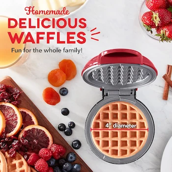 Imagen 4 de DASH Deluxe Mini Máquina Waflera Roja Manzana con Cepillo Incluido | Waffles Individuales 10 cm / 4 Pulgadas | Compacta Portátil