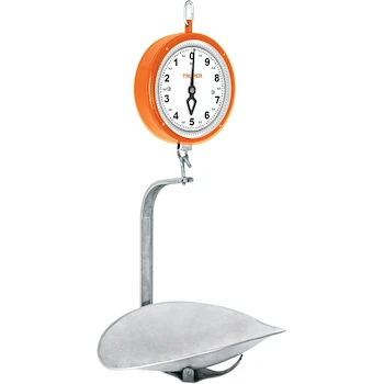 Imagen de referencia para Truper BAS-10C (Código 17087), Báscula mecánica colgante de acero, capacidad 10 kg, doble carátula de 25 cm de diámetro, charola de acero de 38 cm de diámetro, peso 4 kg