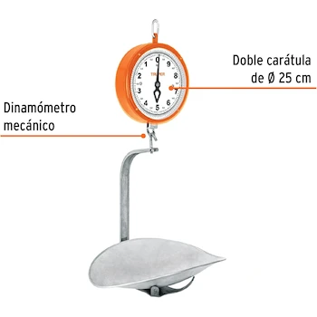 Imagen 2 de Truper BAS-10C (Código 17087), Báscula mecánica colgante de acero, capacidad 10 kg, doble carátula de 25 cm de diámetro, charola de acero de 38 cm de diámetro, peso 4 kg