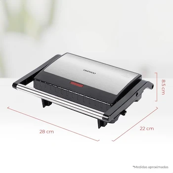 Imagen 2 de Daewoo DHG-2673 Plancha Grill Panini Color Negro, Dimensiones 13 x 27 x 12 cm, Peso 1.3 kg, Capacidad 2 kg, Material Acero Inoxidable