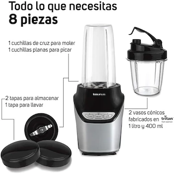 Imagen 5 de TAURUS NATURAL GREEN V2 Procesador de Alimentos Pulverizador Licuadora 600 W Blanco Modelo M91400210 con Vasos Tritan de 1L y 400ml 8 Piezas