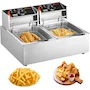 Miniatura de VEVOR Freidora Eléctrica Comercial de Doble Tanque 3000W Acero Inoxidable Plata con 2 Cestas 2 x 9.1 Qt / 8.6 L Encimera