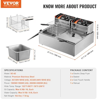 Imagen 3 de VEVOR Freidora Eléctrica Comercial de Doble Tanque 3000W Acero Inoxidable Plata con 2 Cestas 2 x 9.1 Qt / 8.6 L Encimera