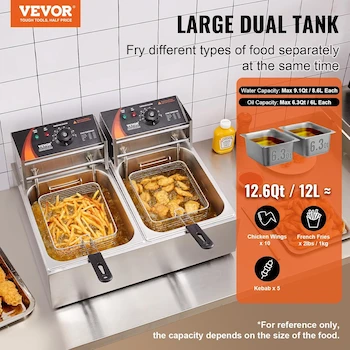 Imagen 4 de VEVOR Freidora Eléctrica Comercial de Doble Tanque 3000W Acero Inoxidable Plata con 2 Cestas 2 x 9.1 Qt / 8.6 L Encimera