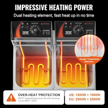 Imagen 5 de VEVOR Freidora Eléctrica Comercial de Doble Tanque 3000W Acero Inoxidable Plata con 2 Cestas 2 x 9.1 Qt / 8.6 L Encimera