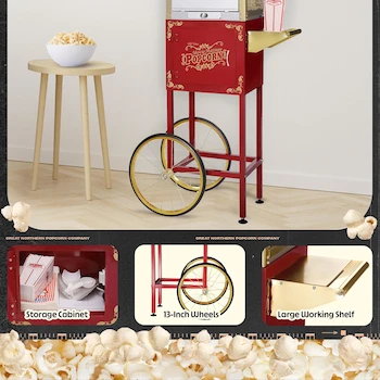Imagen 3 de Great Northern Popcorn - Soporte de Repuesto Matinee para Poppers de 8 Onzas con Estante, Mango de Empuje y Ruedas Estilo Bicicleta (Rojo), Modelo 83-DT5710