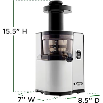 Imagen 3 de Omega VSJ843QS Extractor de Jugos Vertical Cuadrado Masticador de Baja Velocidad, Color Cromado/Plata y Negro, Modelo VSJ843QS, Serie VSJ, Dimensiones 17.8 cm Ancho x 21.6 cm Profundo x 39.4 cm Alto, Peso 5.2 kg