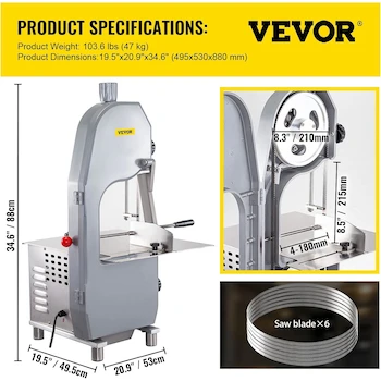 Imagen 2 de VEVOR Sierra de Cinta para Huesos y Carne Congelada 110V 1500W 2.1HP, Rango Grosor 4-180 mm, Altura Máxima Corte 215 mm, Acero Inoxidable