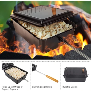 Imagen 4 de Campfire Popcorn Popper - Old Fashioned Popcorn Maker con Acabado Antiadherente y Mango Extendido - Equipo de Camping y Fogata de Great Northern Popcorn (Negro)