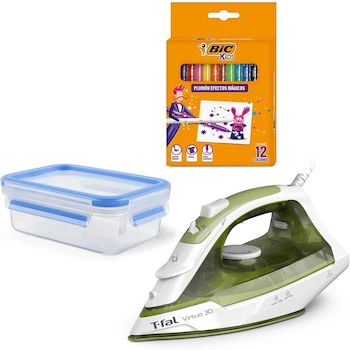 Imagen de referencia para T-Fal Combo Back to School: Plancha de Vapor Virtuo Forest con Suela de Cerámica + Recipiente de Comida Masterseal con Tecnología Anti Derrames + Kit 12 Plumones Mágicos Bic, Modelo CB2SFV2CBIC