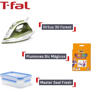 Imagen 4 de T-Fal Combo Back to School: Plancha de Vapor Virtuo Forest con Suela de Cerámica + Recipiente de Comida Masterseal con Tecnología Anti Derrames + Kit 12 Plumones Mágicos Bic, Modelo CB2SFV2CBIC