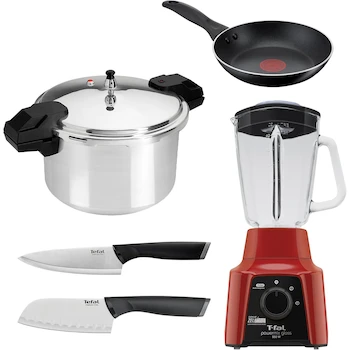 Imagen alusiva al producto T-fal Instant Cooking Set de Cocina YL307LA7M, 5 Piezas: Olla de Presión de Aluminio 12L, Sartén 20cm, Set de 2 Cuchillos, Licuadora Powermix Glass 2 Velocidades Roja