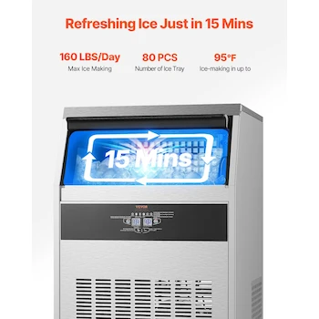 Imagen 2 de VEVOR LB160T Máquina para Hacer Hielo Comercial de Acero Inoxidable con Gabinete Independiente, Producción 160 Libras/24 Horas, Capacidad de Almacenamiento 66 Libras, 80 Cubitos por Ciclo, Pantalla Digital LED