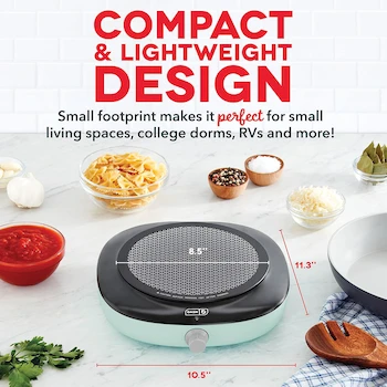 Imagen 2 de DASH DECT100GBAQ06 Everyday Electric Cooktop - Aqua, Dimensions 28.7 x 26.67 x 7.11 cm, One Size, Cast Iron, 953 g, 1 Heating Element, 1200 Watts