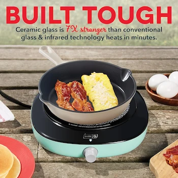 Imagen 4 de DASH DECT100GBAQ06 Everyday Electric Cooktop - Aqua, Dimensions 28.7 x 26.67 x 7.11 cm, One Size, Cast Iron, 953 g, 1 Heating Element, 1200 Watts