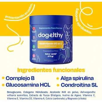 Imagen 3 de Dogelthy Multivitamin 20 en 1 Suplemento para Perros con Glucosamina, Complejo B, Aceite de Krill, Vitaminas y Antioxidantes Sabor Cerdo 270g