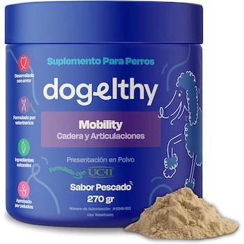 Imagen alusiva al producto Dogelthy Mobility Suplemento Condroprotector para Perros con Glucosamina, Condroitina y Colágeno Tipo 2 UC-II Complemento para Croquetas o Dieta BARF 270g Sabor Pescado