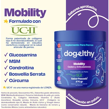 Imagen 3 de Dogelthy Mobility Suplemento Condroprotector para Perros con Glucosamina, Condroitina y Colágeno Tipo 2 UC-II Complemento para Croquetas o Dieta BARF 270g Sabor Pescado