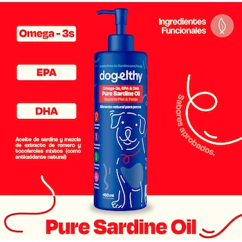 Imagen 3 de Dogelthy Pure Sardine Oil 450 ml - Aceite de Sardina Puro con Omega 3 para Perro - Suplemento de Aceite de Pescado 300 MG EPA + DHA por Dosis - para Croquetas o Dieta BARF