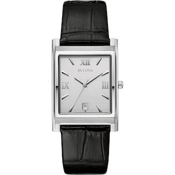Imagen de referencia para Bulova Reloj de Vestir para Hombre Colección Clásica Modelo 96B107 Caja Rectangular de Acero Inoxidable Bicolor Plata y Oro Esfera Blanca Correa de Cuero Negro con Relieve de Cocodrilo Tamaño 45 mm