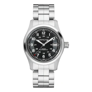 Imagen de referencia para Hamilton Khaki Field Auto H70455133 Reloj Automático para Hombre 38mm Caja Acero Inoxidable Plateado Bisel Plateado Esfera Negra Correa Brazalete Acero Plateado