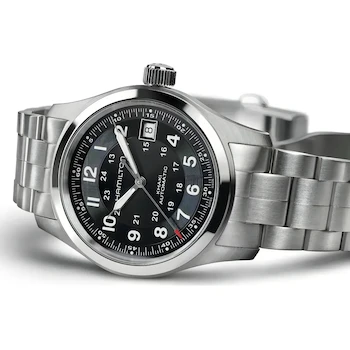 Imagen 2 de Hamilton Khaki Field Auto H70455133 Reloj Automático para Hombre 38mm Caja Acero Inoxidable Plateado Bisel Plateado Esfera Negra Correa Brazalete Acero Plateado