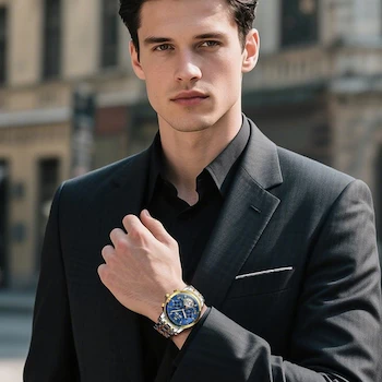 Imagen 2 de OLEVS Reloj Automático para Hombre G7088, Esfera Esqueleto, Calendario Múltiple, Correa de Acero Inoxidable, Azul/Dos Tonos