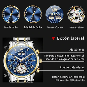 Imagen 5 de OLEVS Reloj Automático para Hombre G7088, Esfera Esqueleto, Calendario Múltiple, Correa de Acero Inoxidable, Azul/Dos Tonos